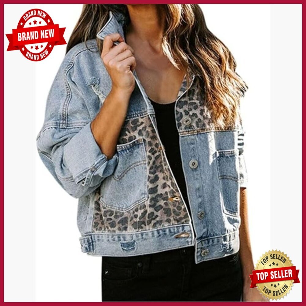 Denim Jacket with Leopard Print Panels, Casual Long Sleeve Button Front